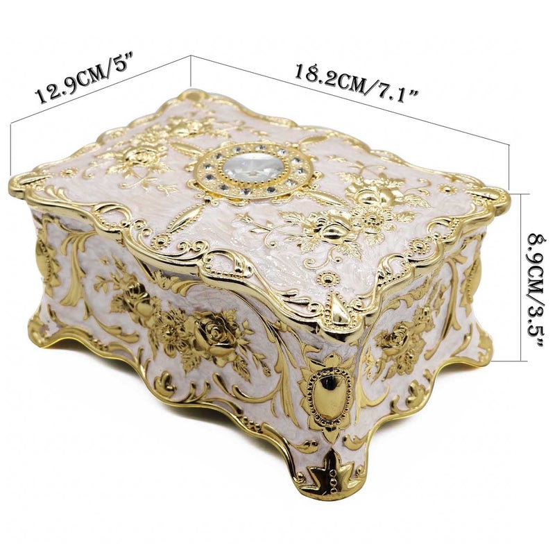 AVESON Luxury Vintage Rectangle Metal Alloy Jewelry Box Trinket Organizer Storage Box with Rose Pattern for Women, Girls, Two-Layer Design, Gold & White, Large - Image 2